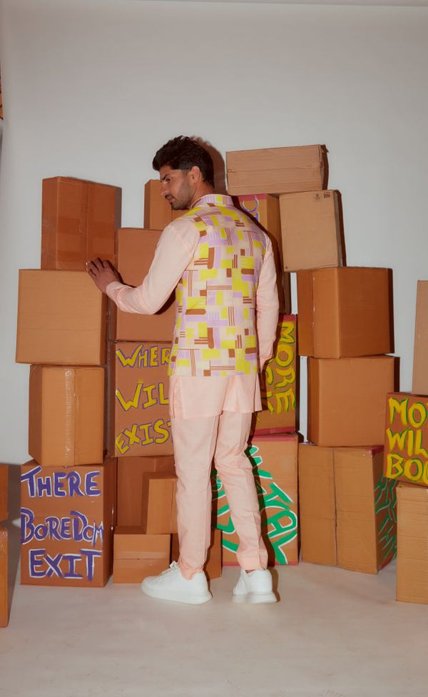 PEACH KURTA WITH STRAIGHT PANTS AND GEOMETRIC PRINTED BANDI