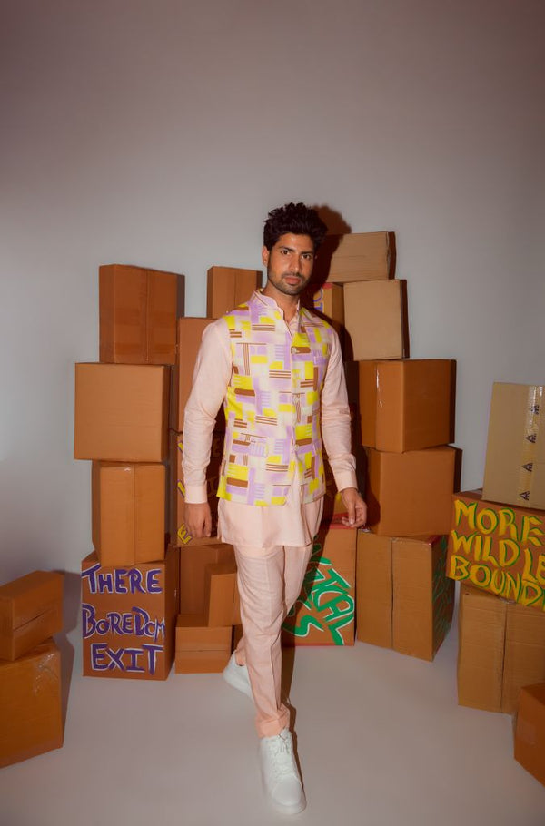 PEACH KURTA WITH STRAIGHT PANTS AND GEOMETRIC PRINTED BANDI