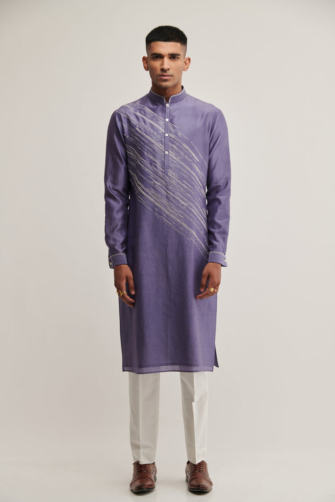 DIAGONAL EMBROIDERED KURTA SET IN DEEP IRIS