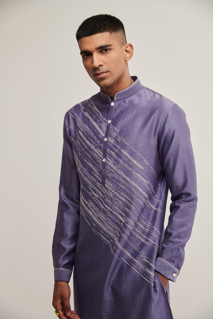 DIAGONAL EMBROIDERED KURTA SET IN DEEP IRIS