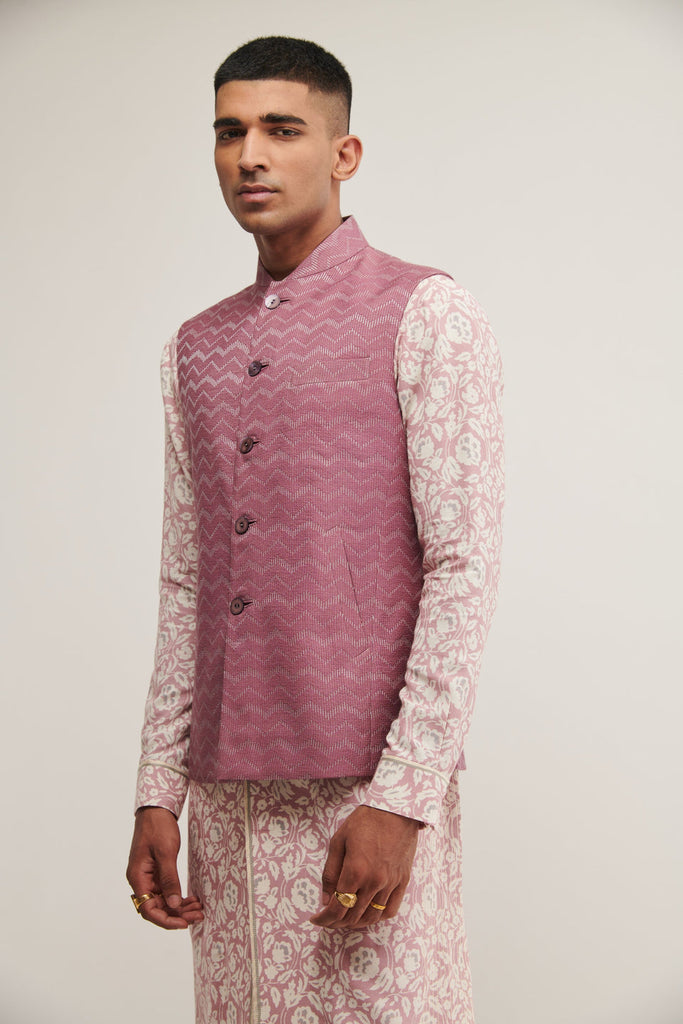 COTTON SILK ZIGZAG JAWAHAR JACKET IN MAUVE MIST