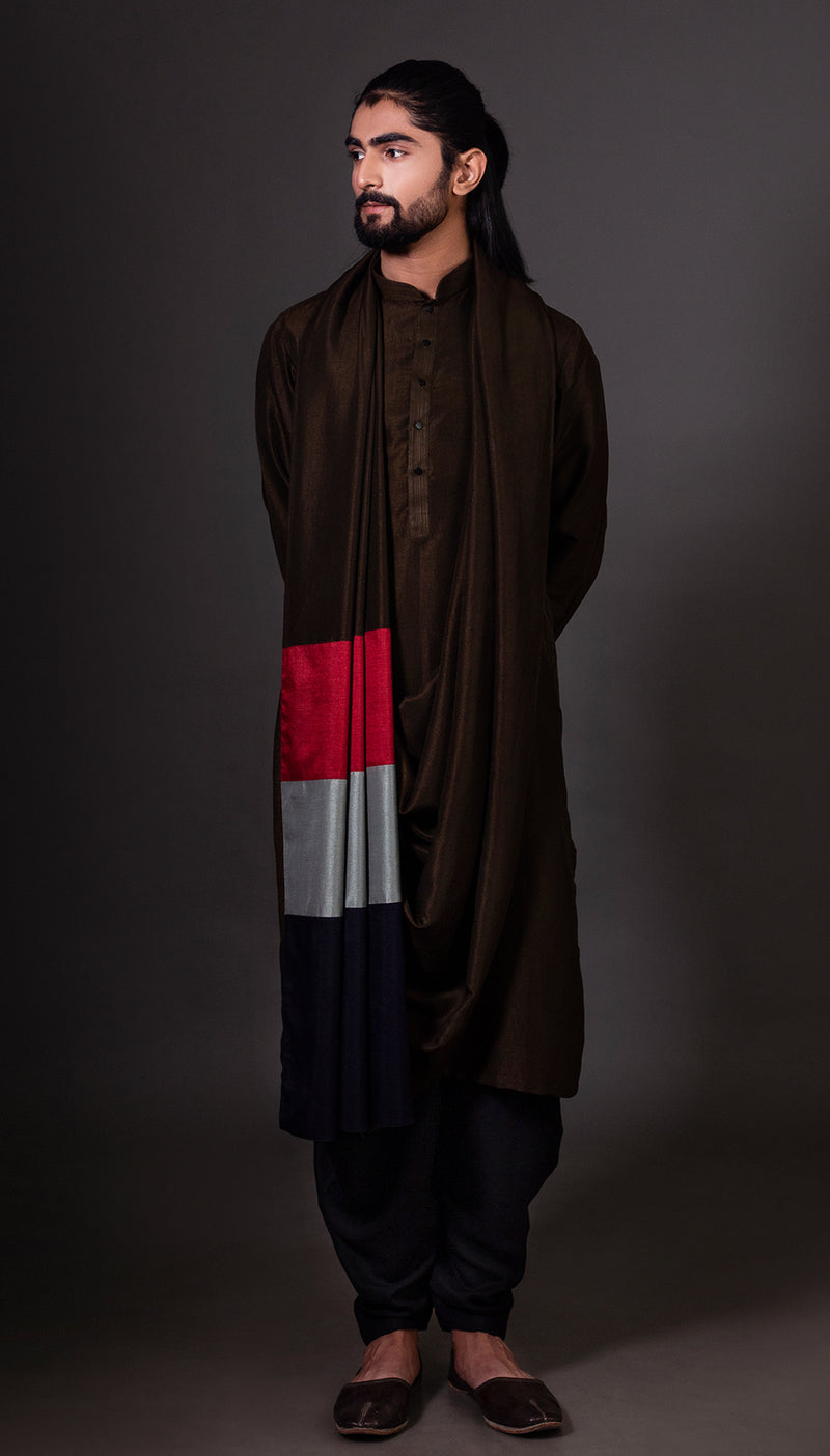 OLIVE GREEN KURTA WITH ATTACHED STOLE