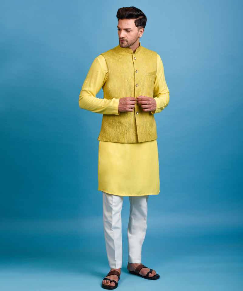 YELLOW EMBROIDERED NEHRU JACKET WITH KURTA SET