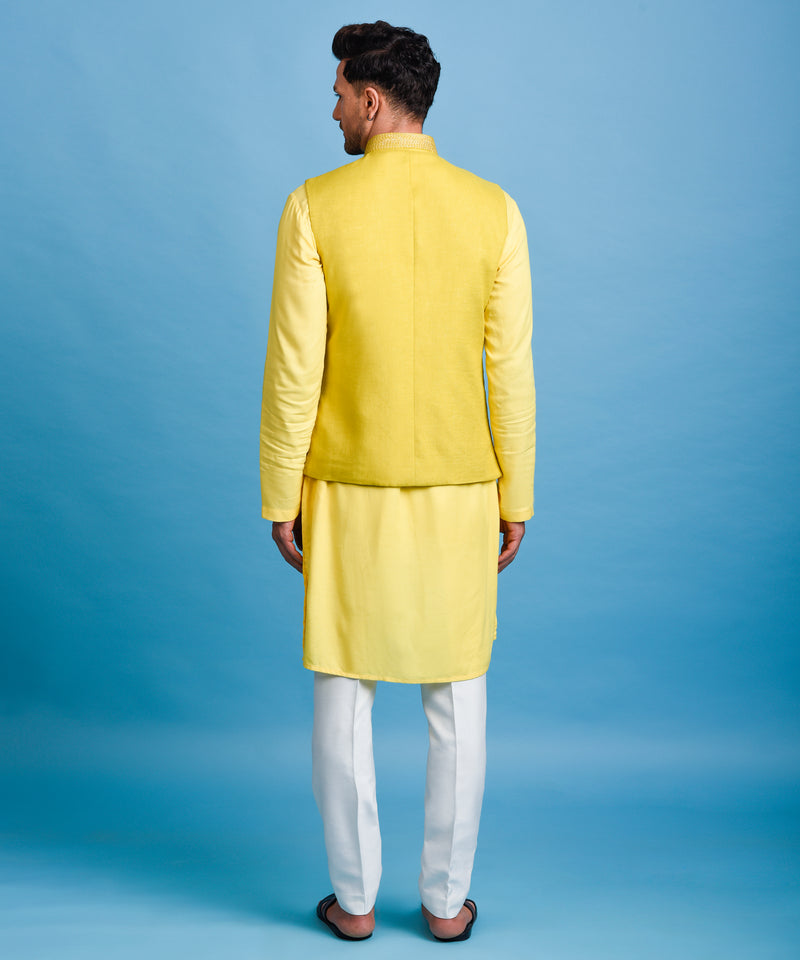 YELLOW EMBROIDERED NEHRU JACKET WITH KURTA SET