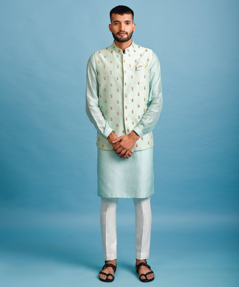 GREEN EMBROIDERED NEHRU JACKET WITH KURTA SET