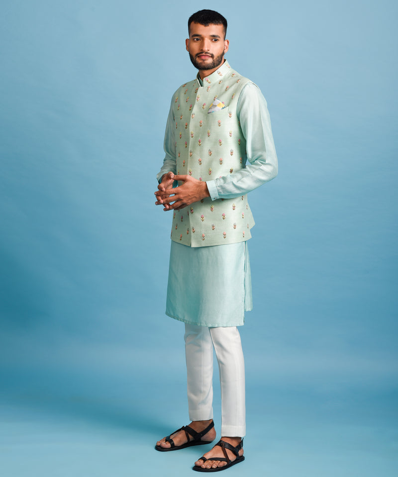 GREEN EMBROIDERED NEHRU JACKET WITH KURTA SET