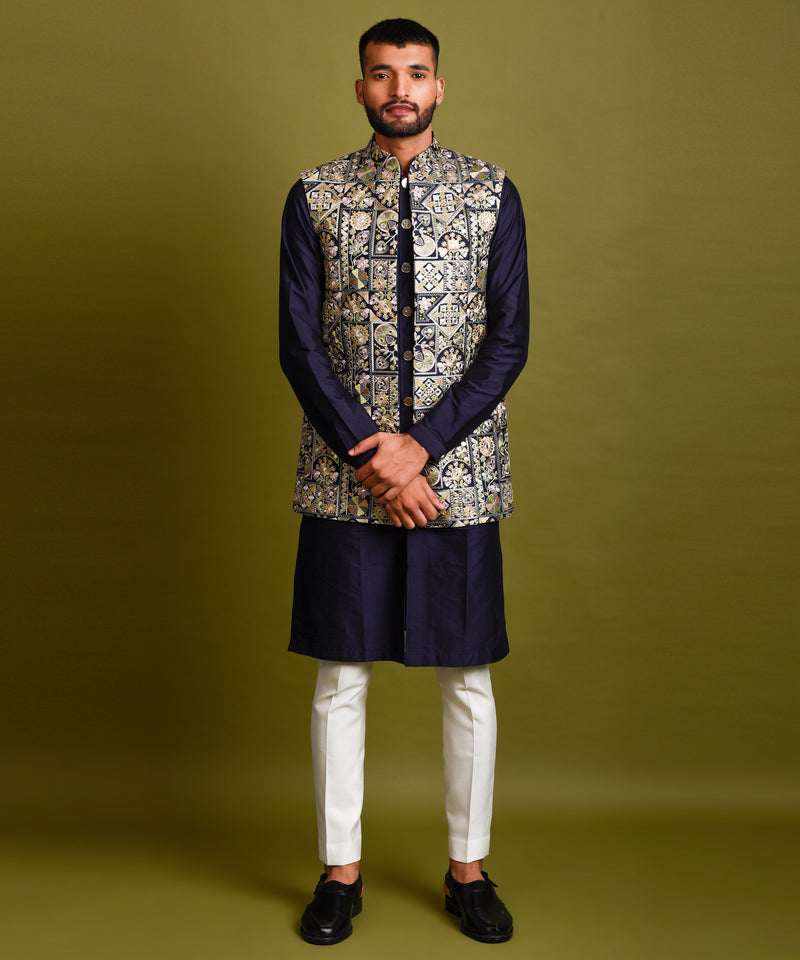 NAVY BLUE EMBROIDERED BUNDI JACKET WITH KURTA SET