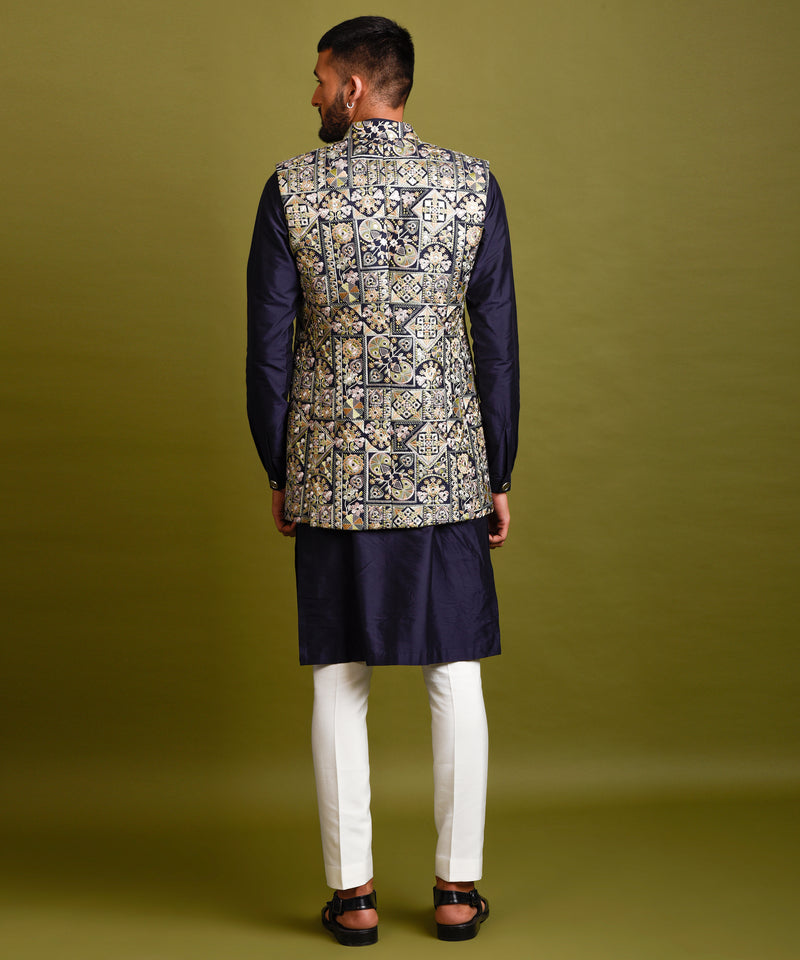 NAVY BLUE EMBROIDERED BUNDI JACKET WITH KURTA SET