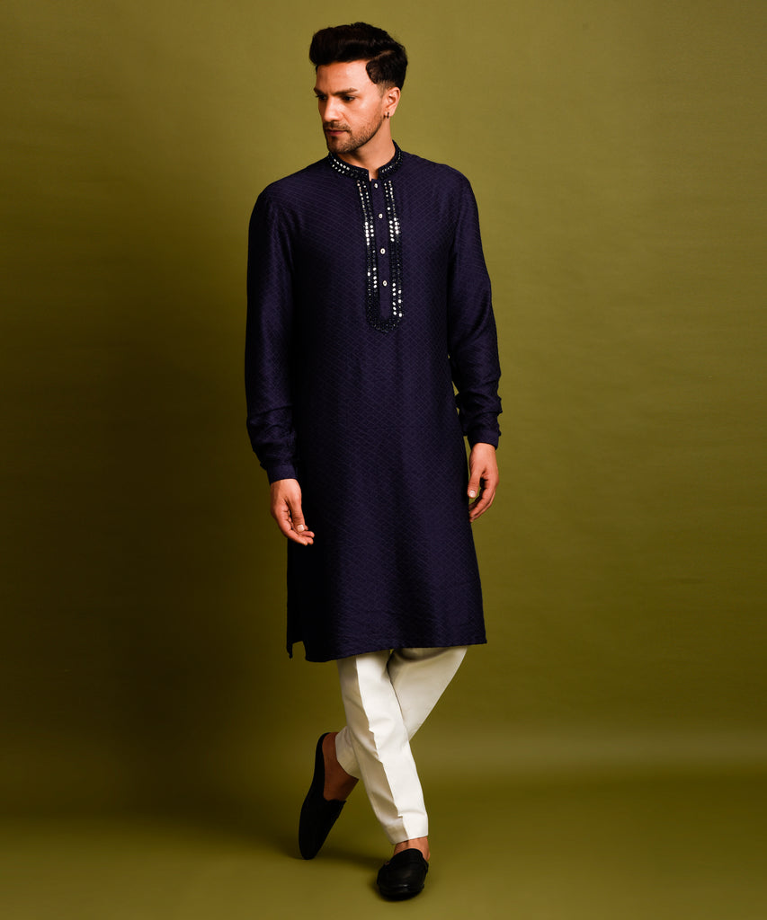 NAVY BLUE EMBROIDERED BUNDI JACKET WITH KURTA SET