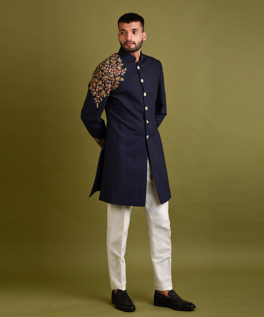 NAVY BLUE EMBROIDERED ACHKAN JACKET SET