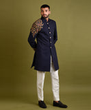 NAVY BLUE EMBROIDERED ACHKAN JACKET SET