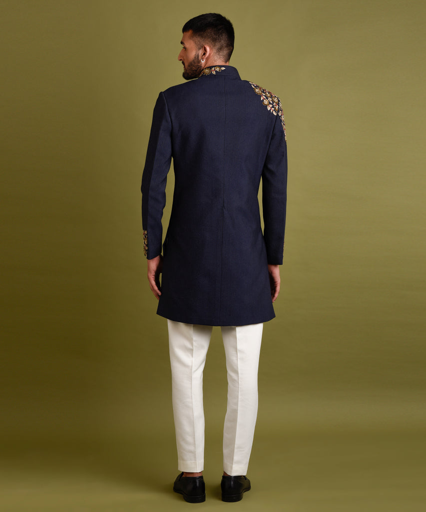 NAVY BLUE EMBROIDERED ACHKAN JACKET SET