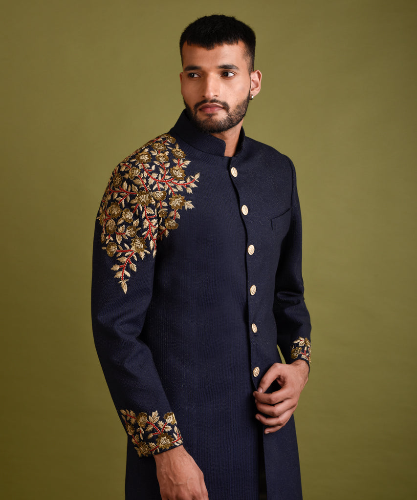 NAVY BLUE EMBROIDERED ACHKAN JACKET SET
