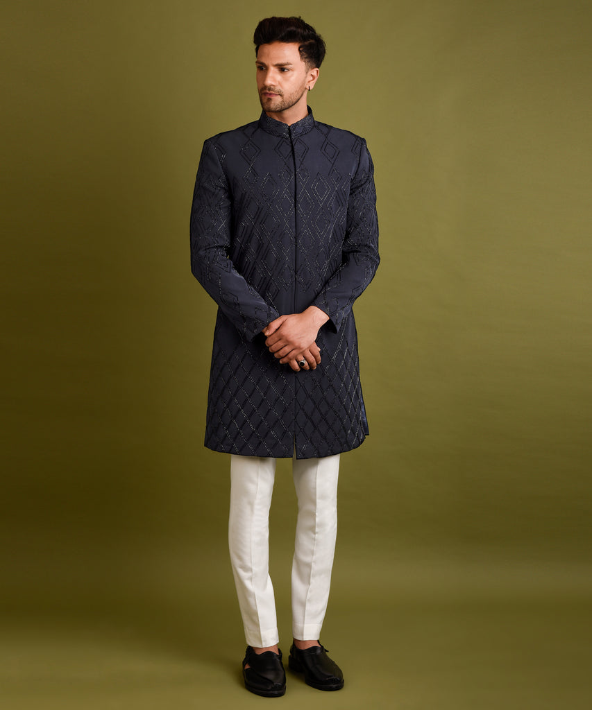 BLACK-BLUE EMBROIDERED ACHKAN JACKET SET