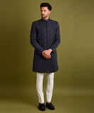 BLACK-BLUE EMBROIDERED ACHKAN JACKET SET