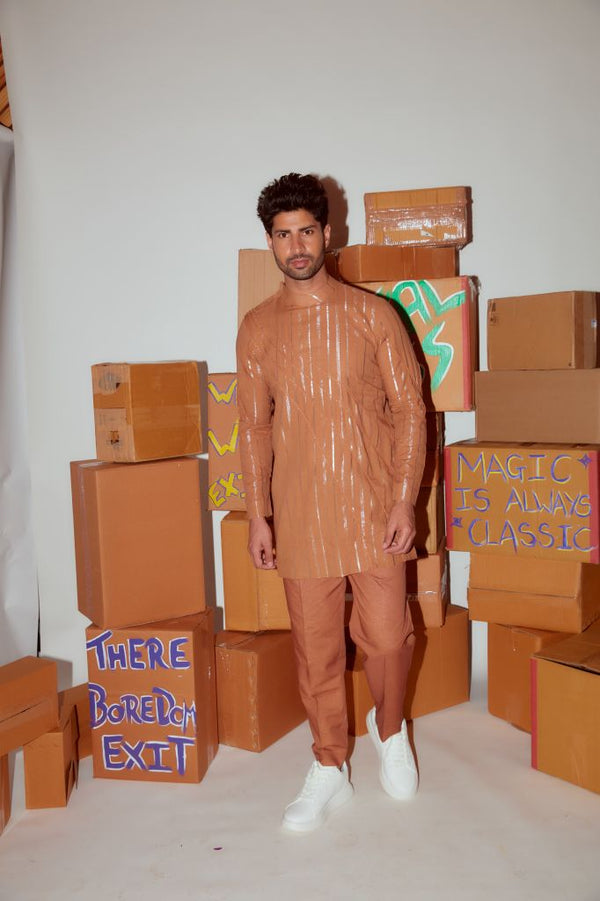 BROWN SHORT KURTA WITH CORDING DEATILING AND STRAIGHT PANTS