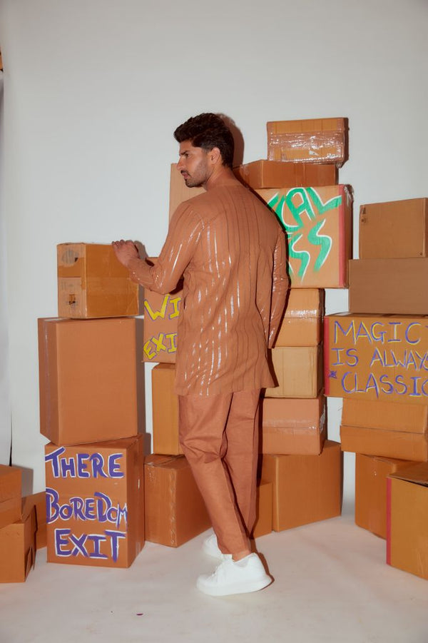 BROWN SHORT KURTA WITH CORDING DEATILING AND STRAIGHT PANTS
