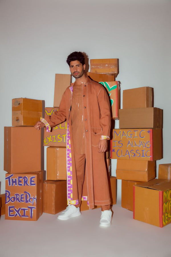 BROWN SHORT KURTA WITH CORDING DEATILING AND STRAIGHT PANTS