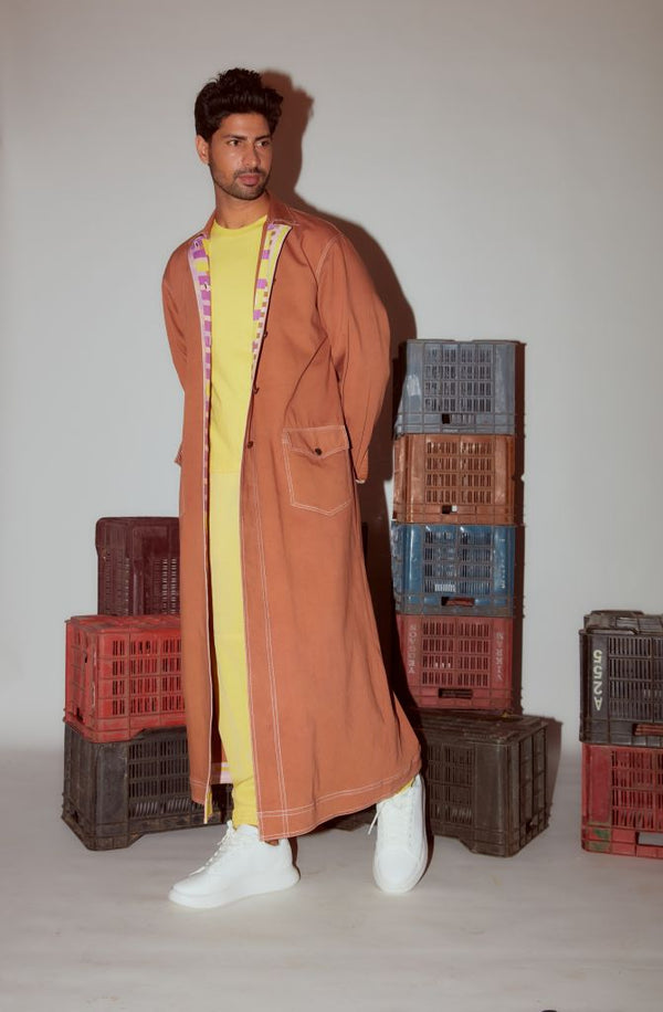 BROWN DENIM TRENCH WITH PRINT DETAILING