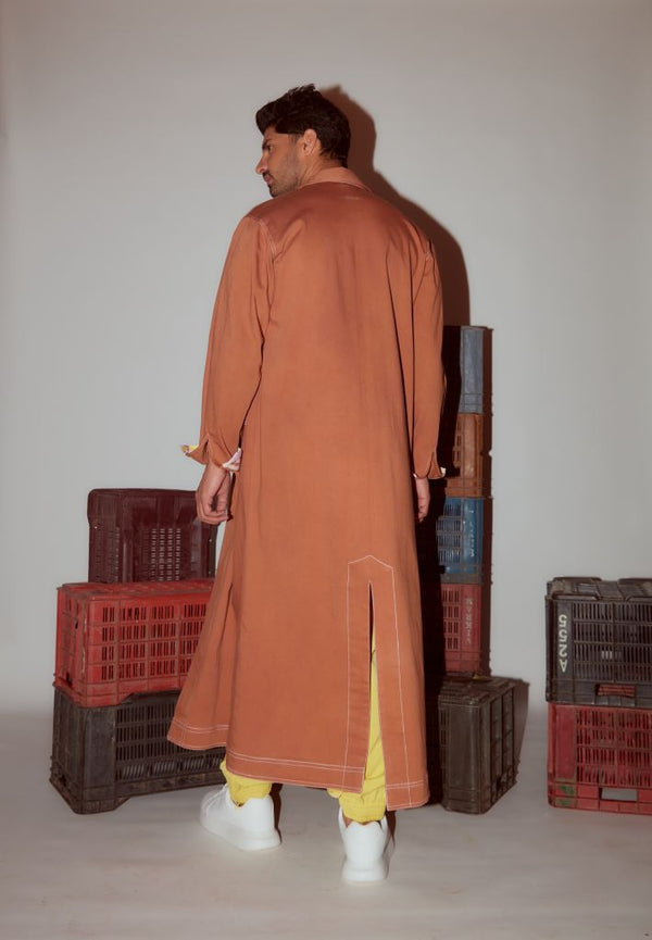 BROWN DENIM TRENCH WITH PRINT DETAILING