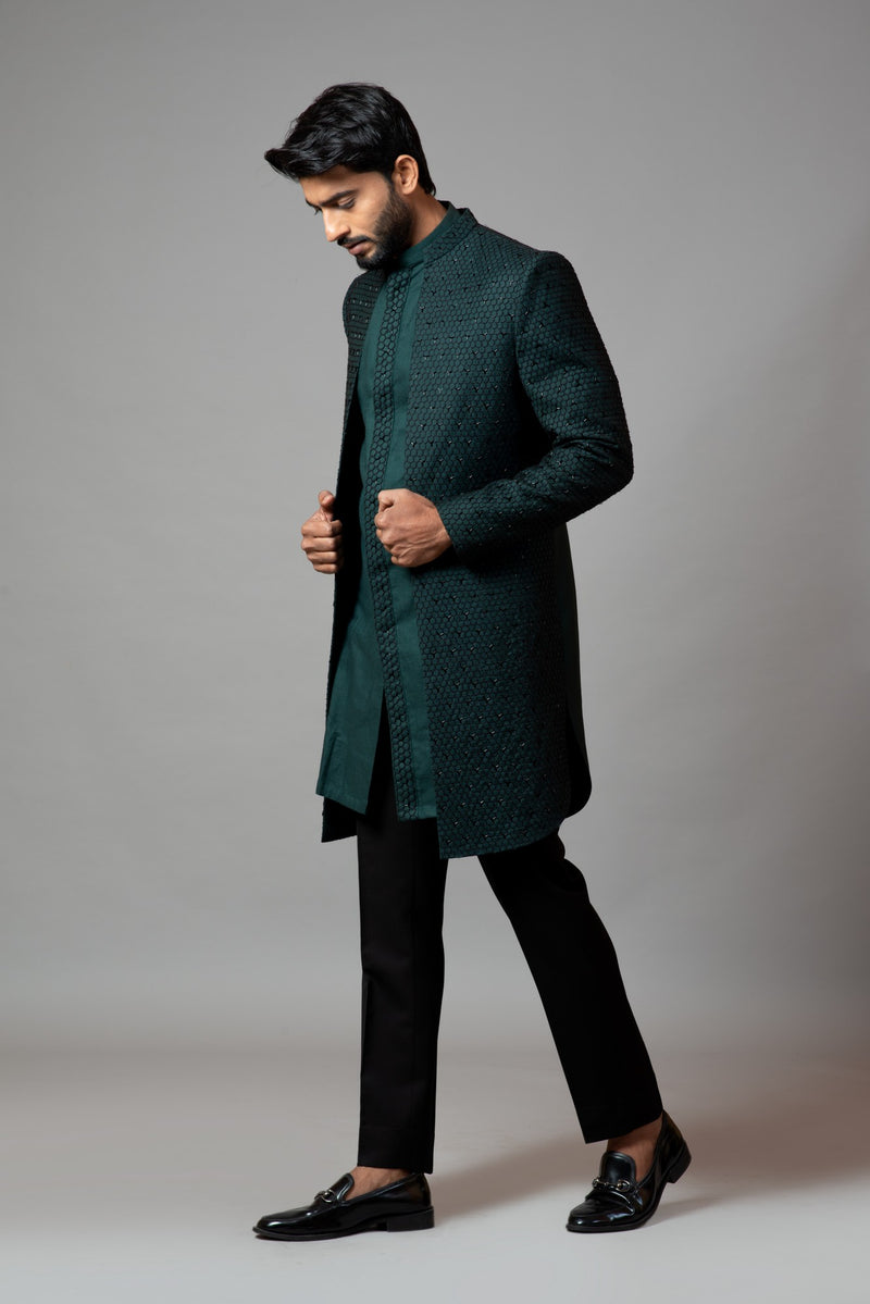 STRAIGHT CUT FULLY EMBROIDERED ACHKAN WITH KURTA AND TROUSERS
