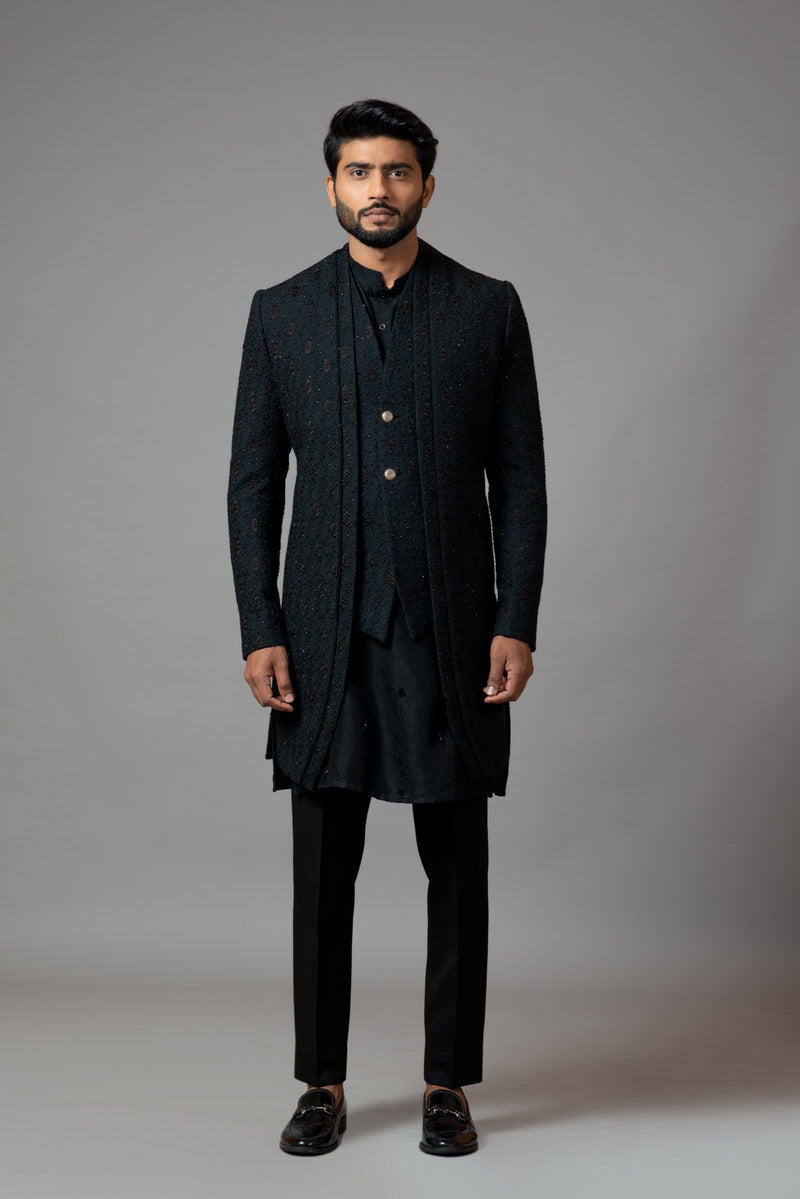 DOUBLE PANEL ACHKAN WITH MOTIF EMBROIDERY WITH KURTA