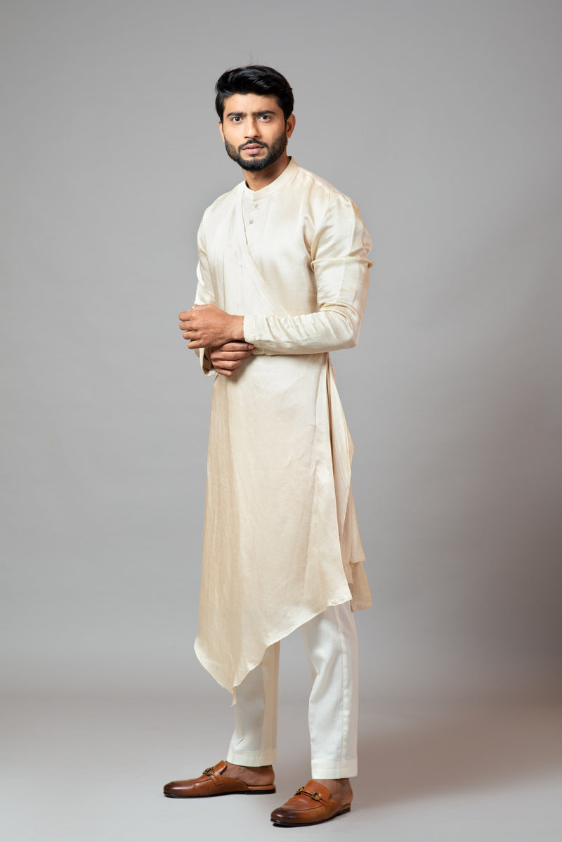 CHAMPAGNE DRAPE KURTA WITH MINIMAL EMBROIDERY ON SLEEVES