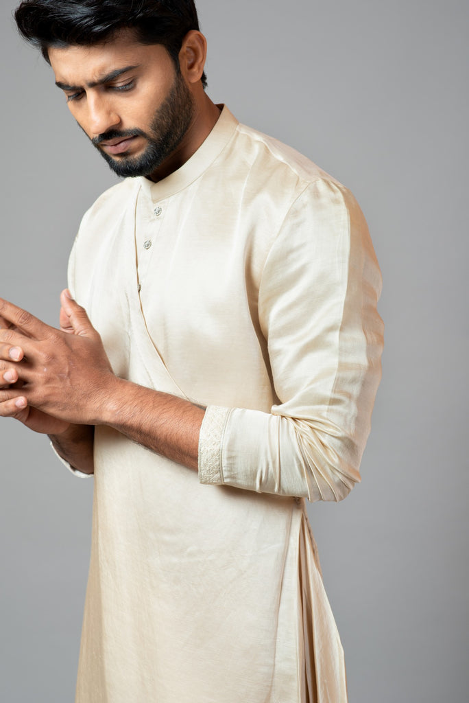 CHAMPAGNE DRAPE KURTA WITH MINIMAL EMBROIDERY ON SLEEVES