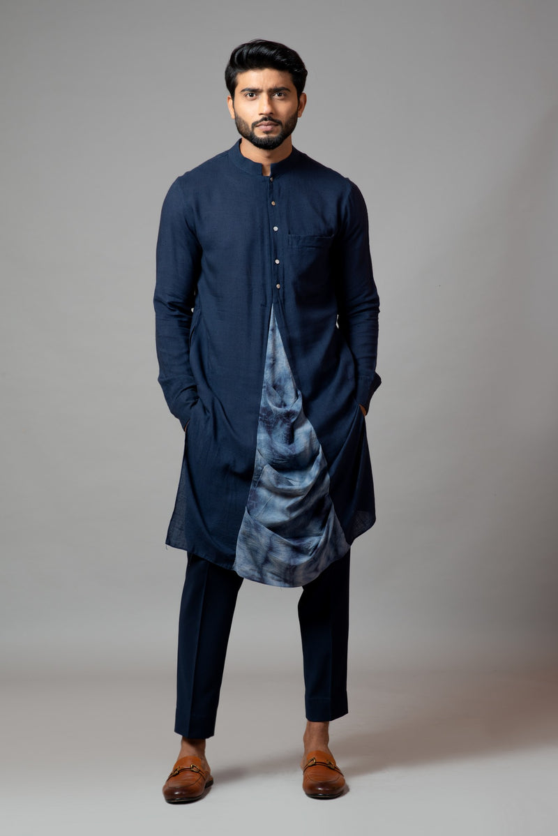FRONT SLIT KURTA WITH A ATTACHED TIE DYE DRAPE PANEL AND PANT PAJAMA