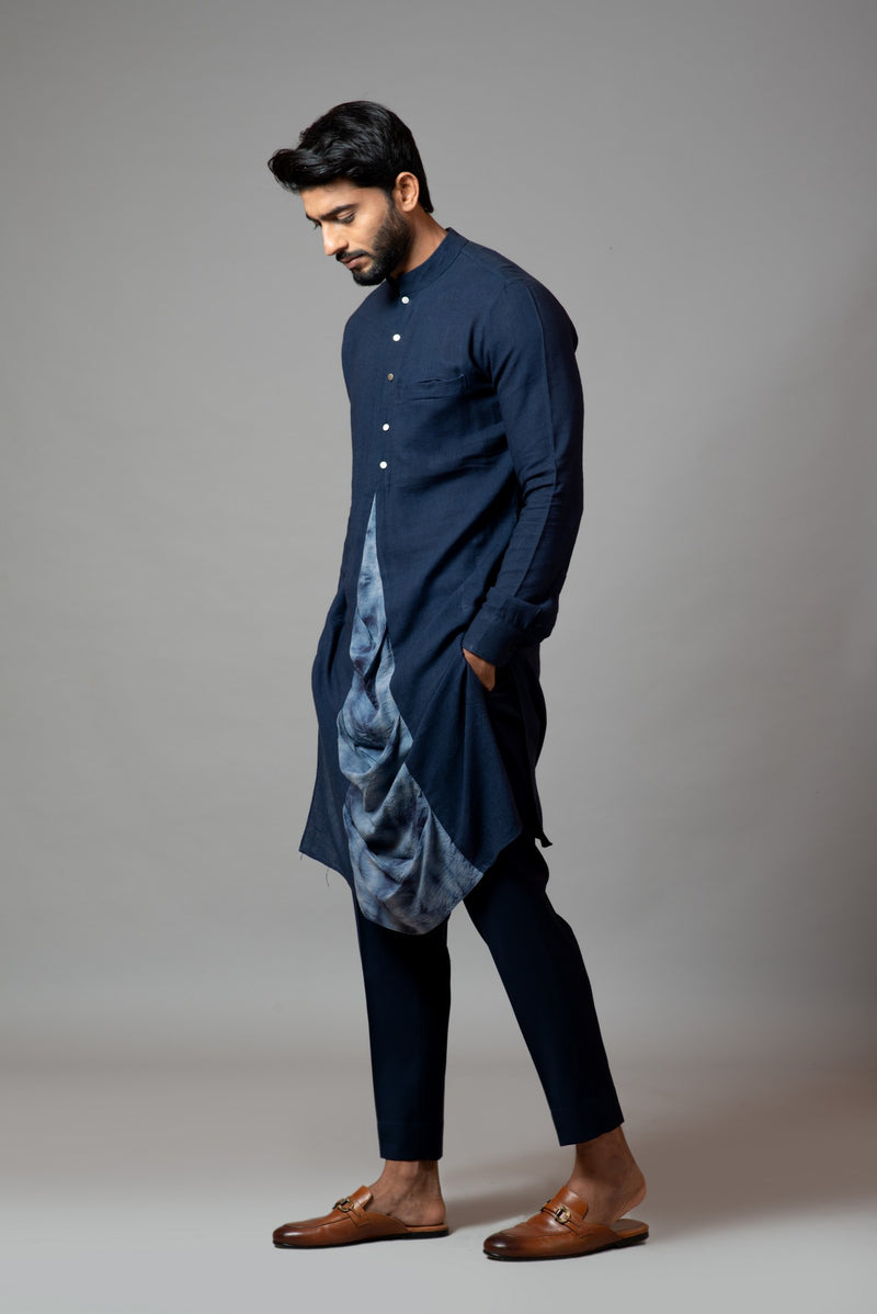 FRONT SLIT KURTA WITH A ATTACHED TIE DYE DRAPE PANEL AND PANT PAJAMA