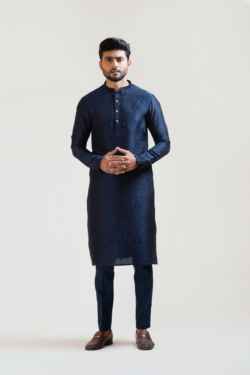 NAVY BLUE BULLION LEAF EMBROIDERED KURTA SET