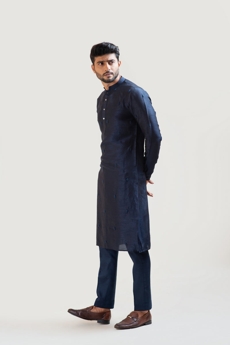 NAVY BLUE BULLION LEAF EMBROIDERED KURTA SET
