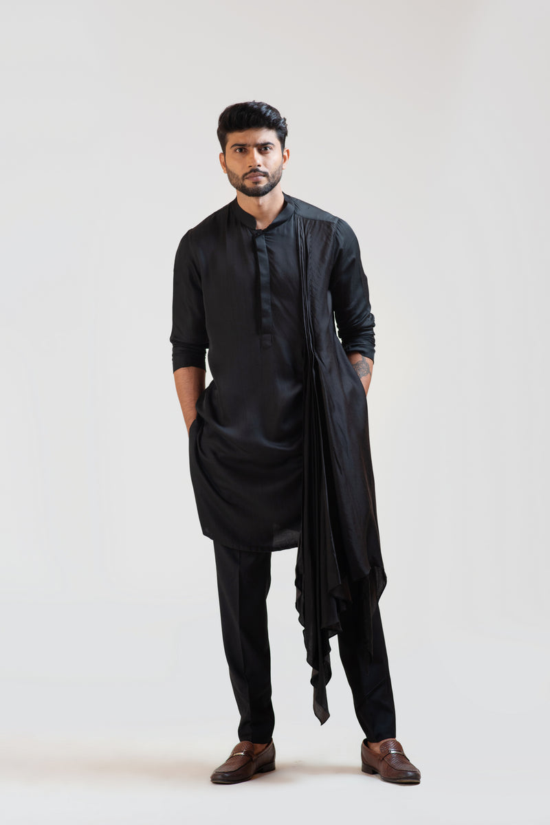 BLACK LONG DRAPE KURTA SET