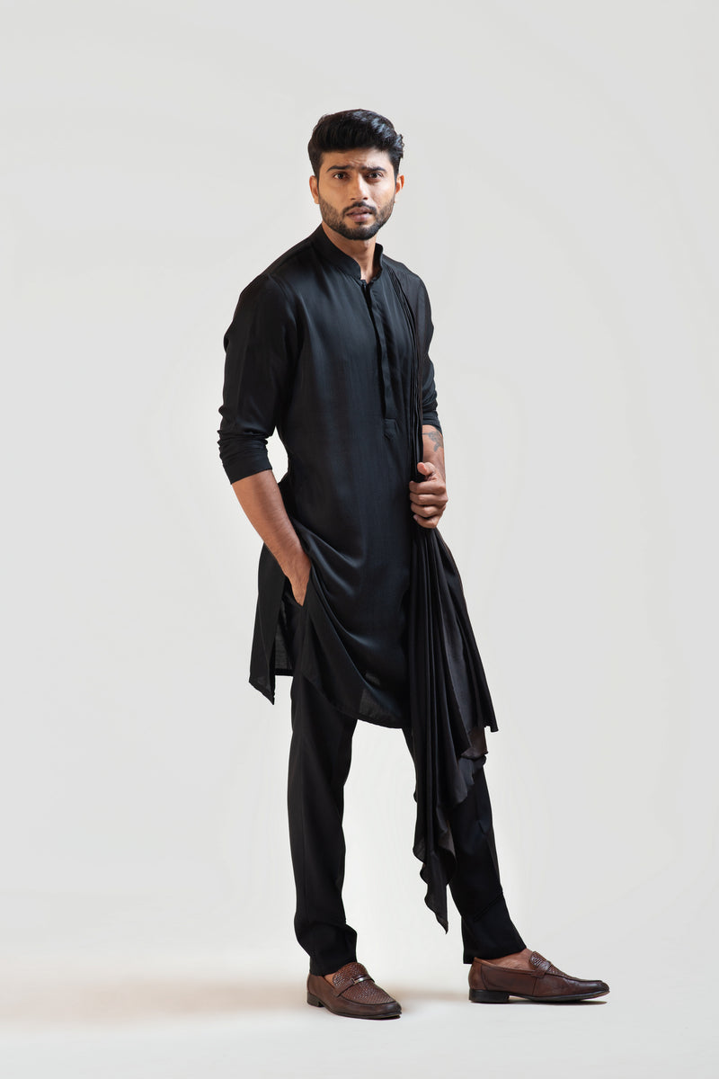 BLACK LONG DRAPE KURTA SET