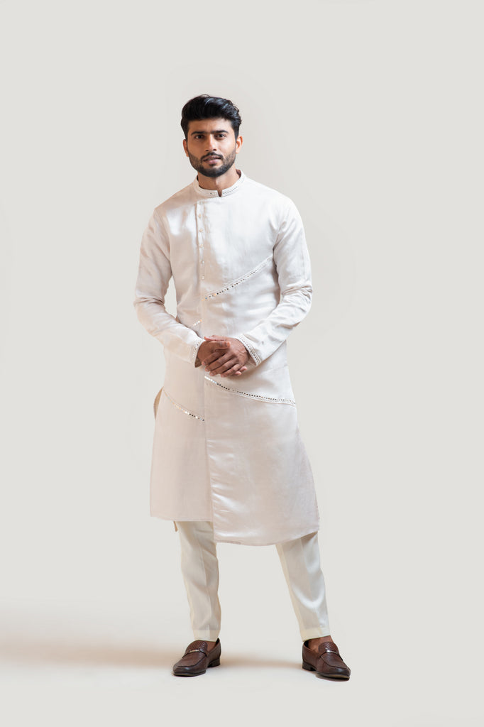 CREAM A-SYMMETRIC MIRRORWORK KURTA SET