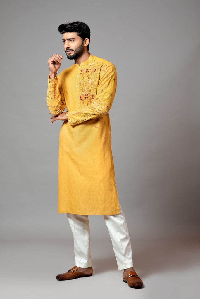 MUSTARD WITH RED FLOWER EMBROIDERED KURTA AND PANT PAJAMA