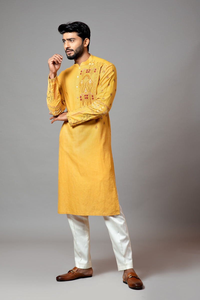 MUSTARD WITH RED FLOWER EMBROIDERED KURTA AND PANT PAJAMA