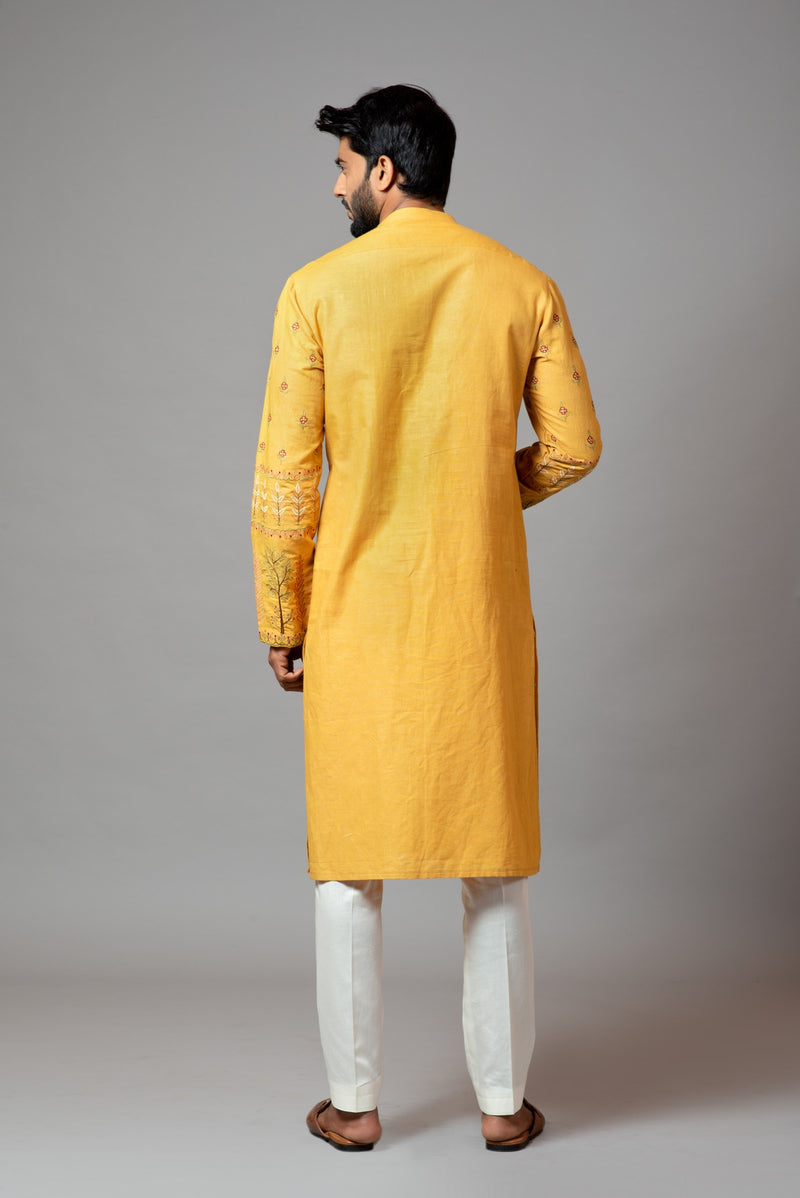 MUSTARD WITH RED FLOWER EMBROIDERED KURTA AND PANT PAJAMA