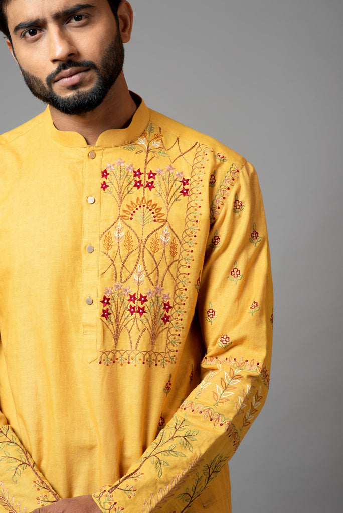 MUSTARD WITH RED FLOWER EMBROIDERED KURTA AND PANT PAJAMA