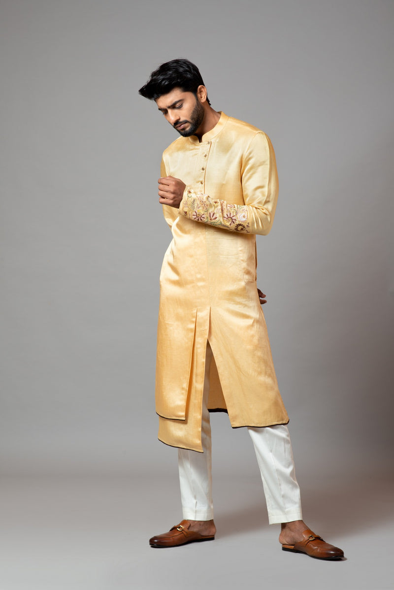 ASSYMETRIC DOUBLE PANEL KURTA WITH EMBROIDERED SLEEVE AND PANT PAJAMA