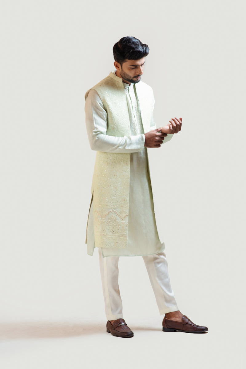 LONG MINT GREEN CHIKANKARI NEHRU
