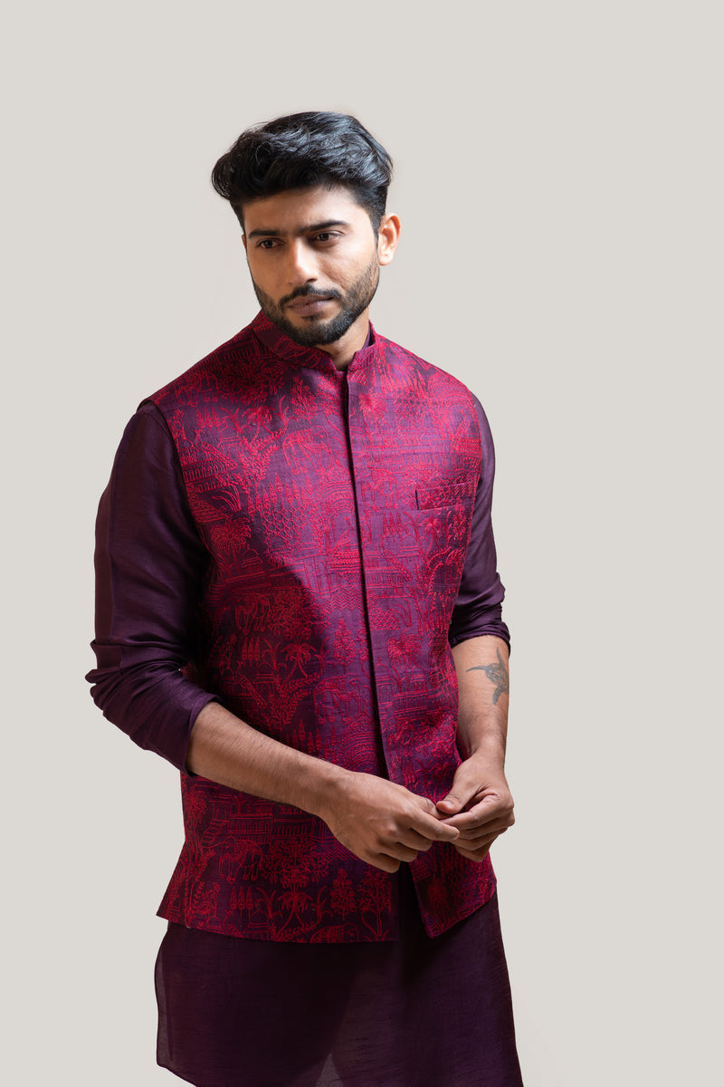 PURPLE ALLOVER EMBROIDERED NEHRU