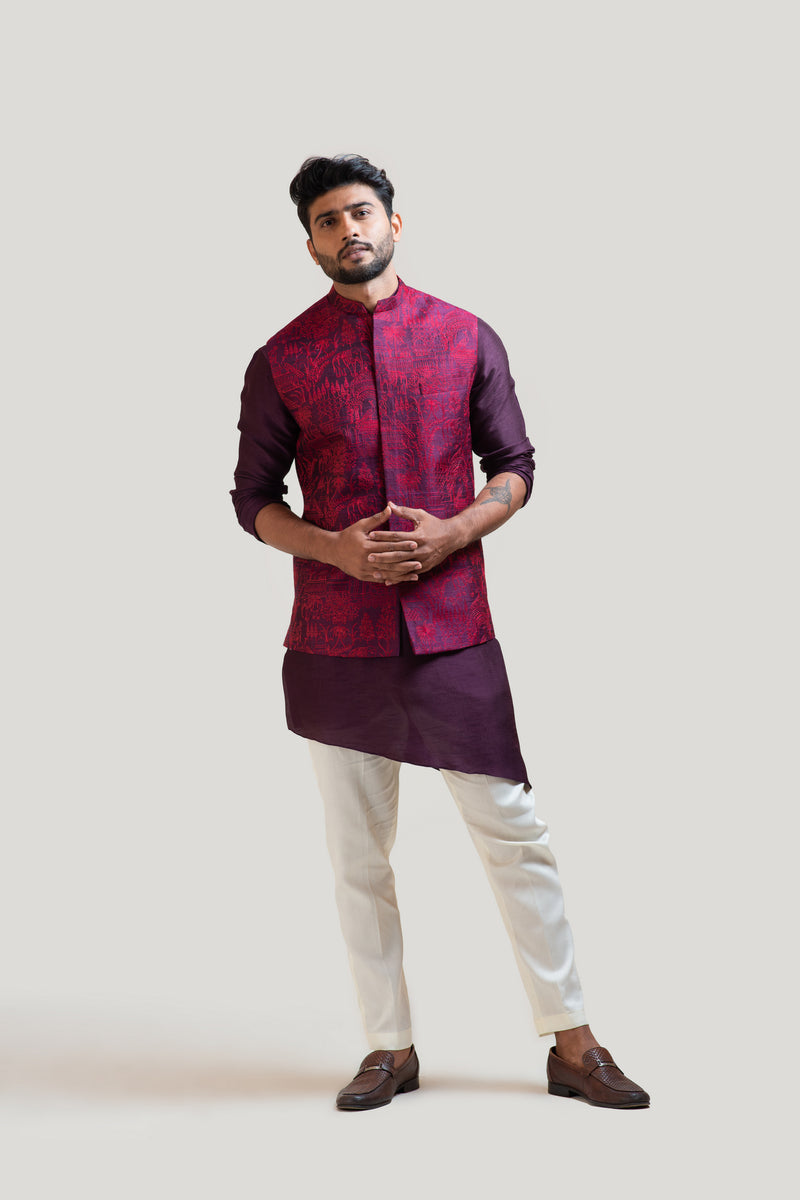 PURPLE ALLOVER EMBROIDERED NEHRU