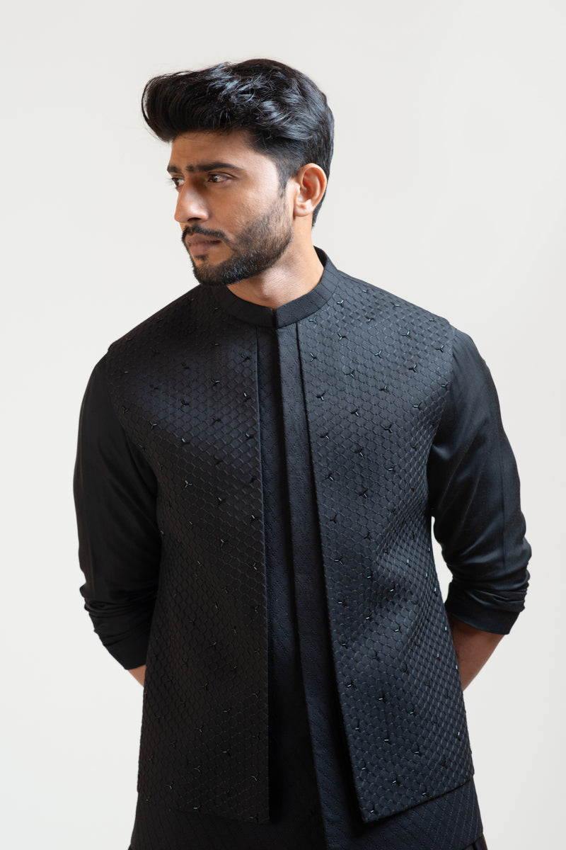 BLACK HONEYCOMB EMBROIDERED DOUBLE PANEL NEHRU