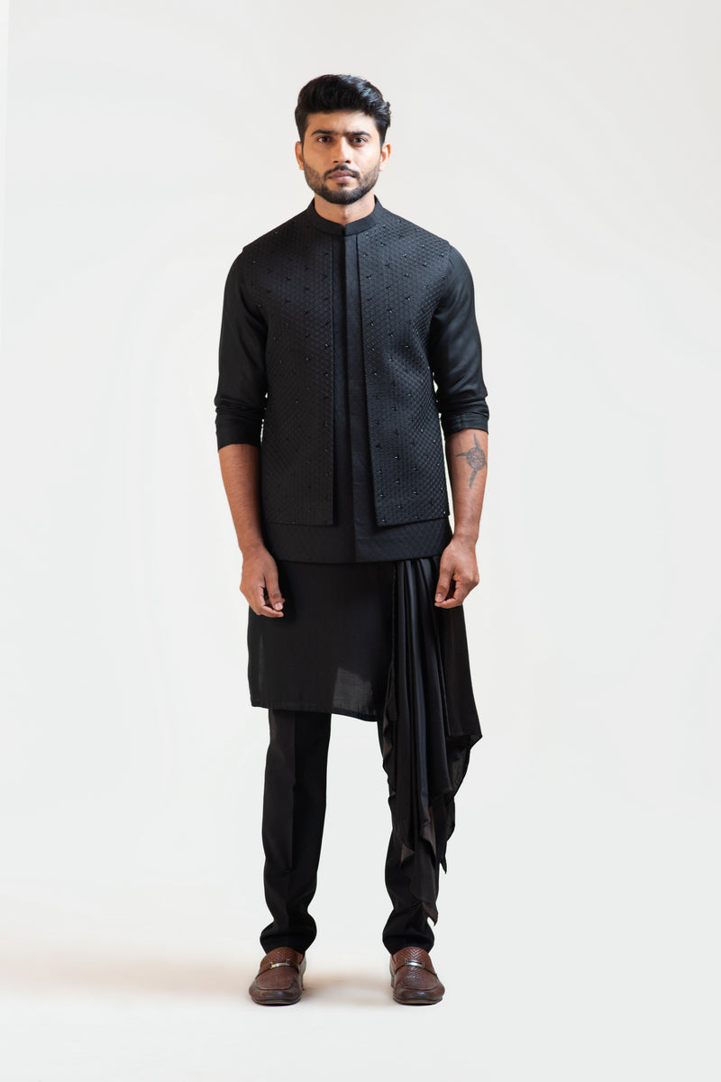 BLACK HONEYCOMB EMBROIDERED DOUBLE PANEL NEHRU