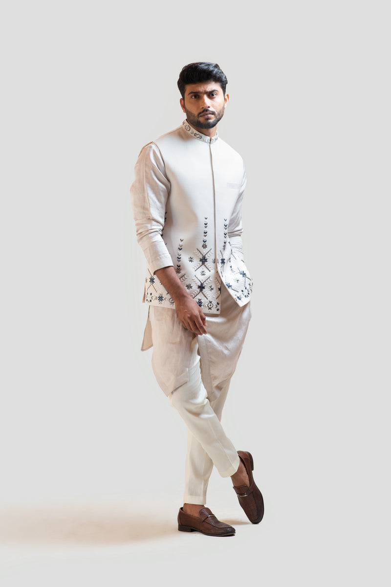 PHULKARI NEHRU WITH CREAMOVERLAPPING EMBROIDERED KURTA SET