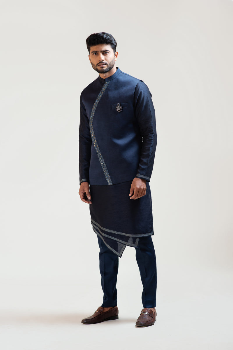 BLUE OVERLAPPING EMBROIDERED NEHRU