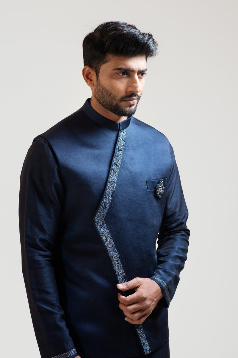 BLUE OVERLAPPING EMBROIDERED NEHRU