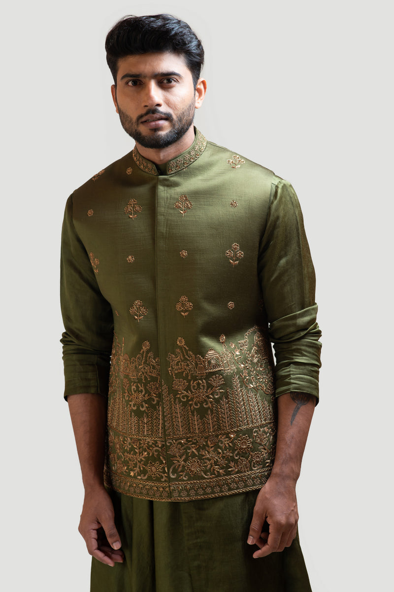 MEHENDI GREEN PALKI EMBROIDERED NEHRU