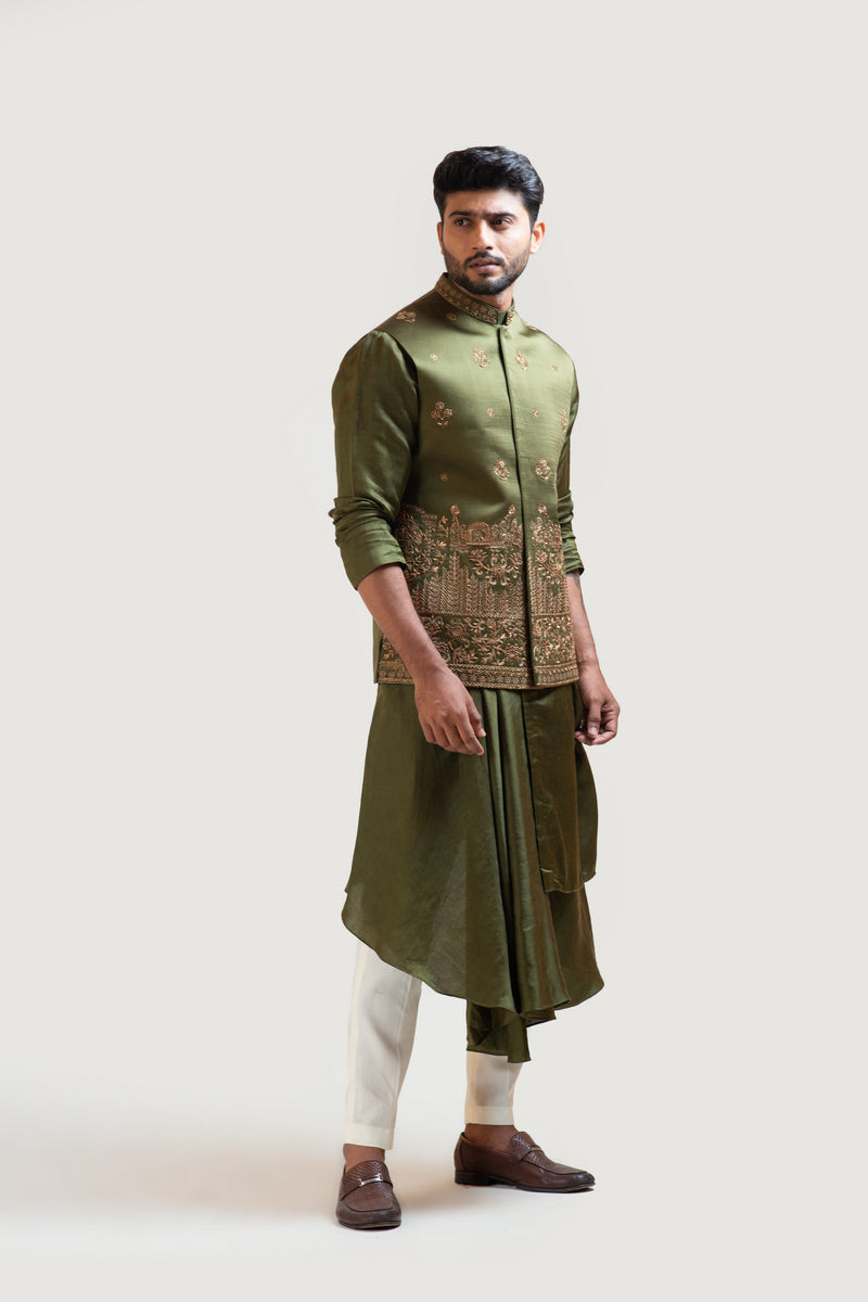 MEHENDI GREEN PALKI EMBROIDERED NEHRU